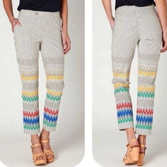 ANTHROPOLOGIE CARTONNIER Cropped Pants Striped Bright Color Embroidered Size 6 - Picture 1 of 12
